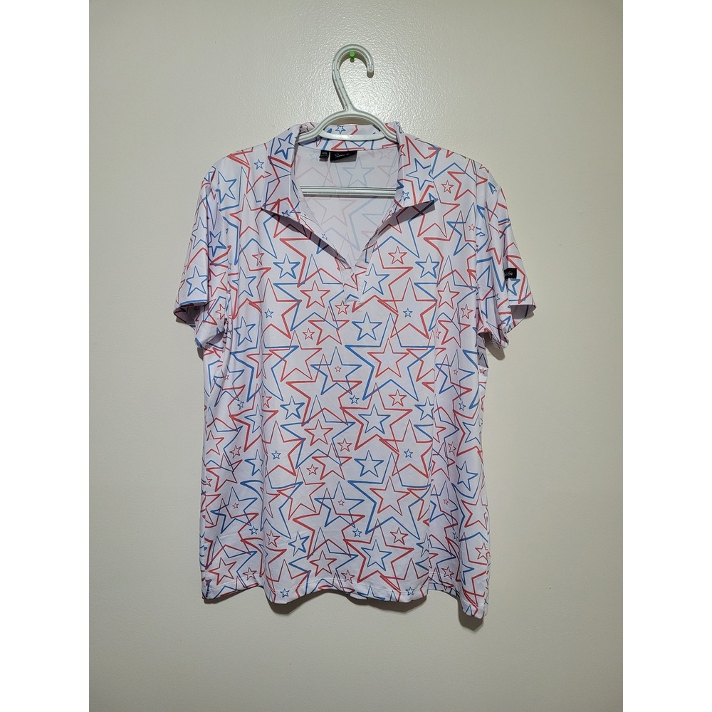 Sporty Buff Polo Shirt XXL White Red Blue Star Print Excellent Short Sleeve‎